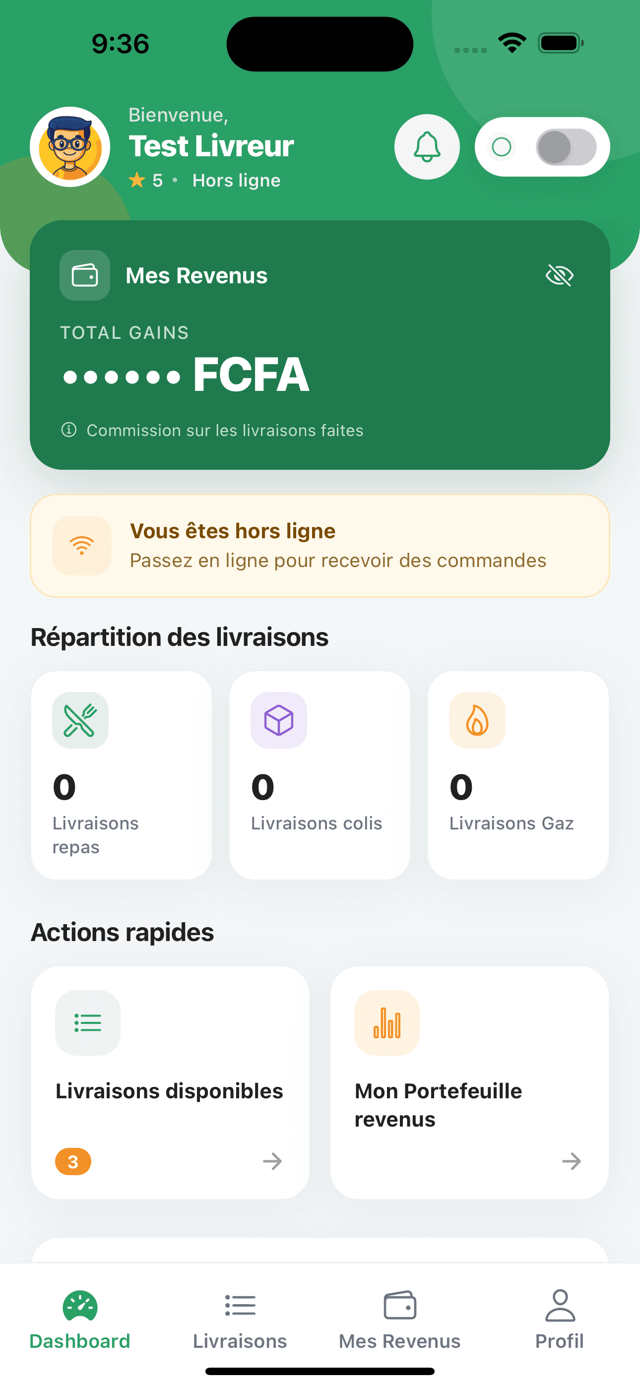 Tableau de bord de Koursier Go : interrupteur en ligne, total des gains et répartition des livraisons