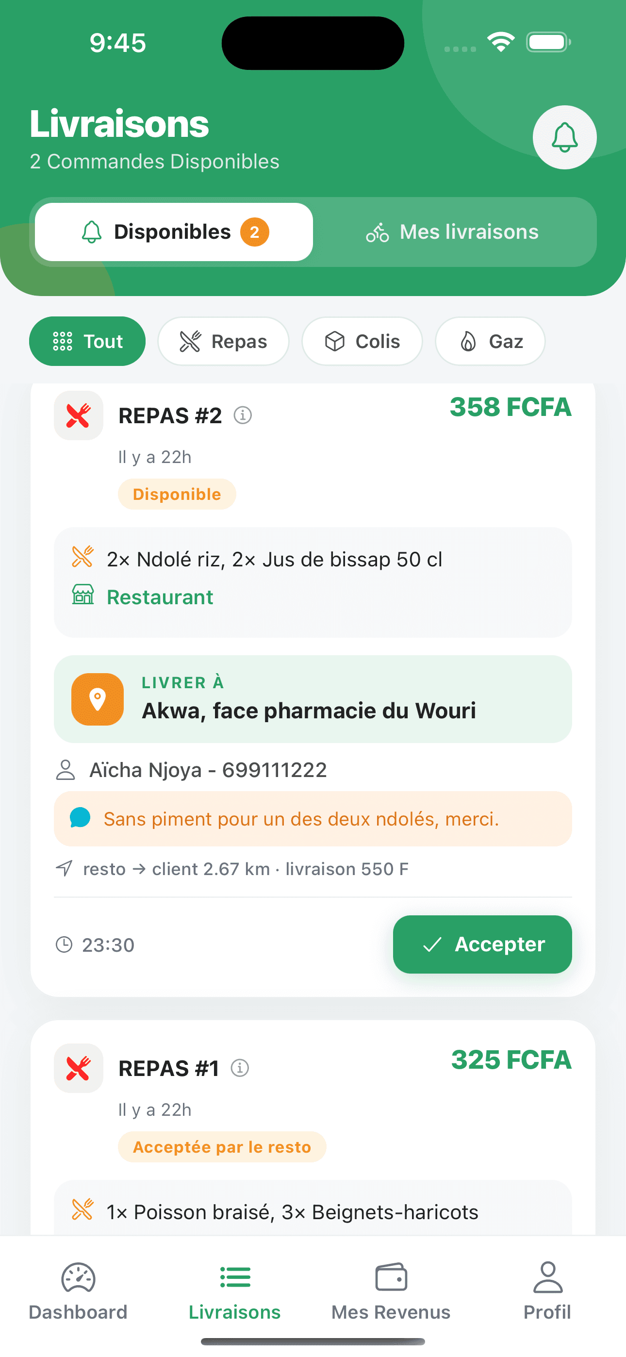 Écran Livraisons de Koursier Go : courses disponibles avec le gain, le contenu, l’adresse du client et le bouton Accepter